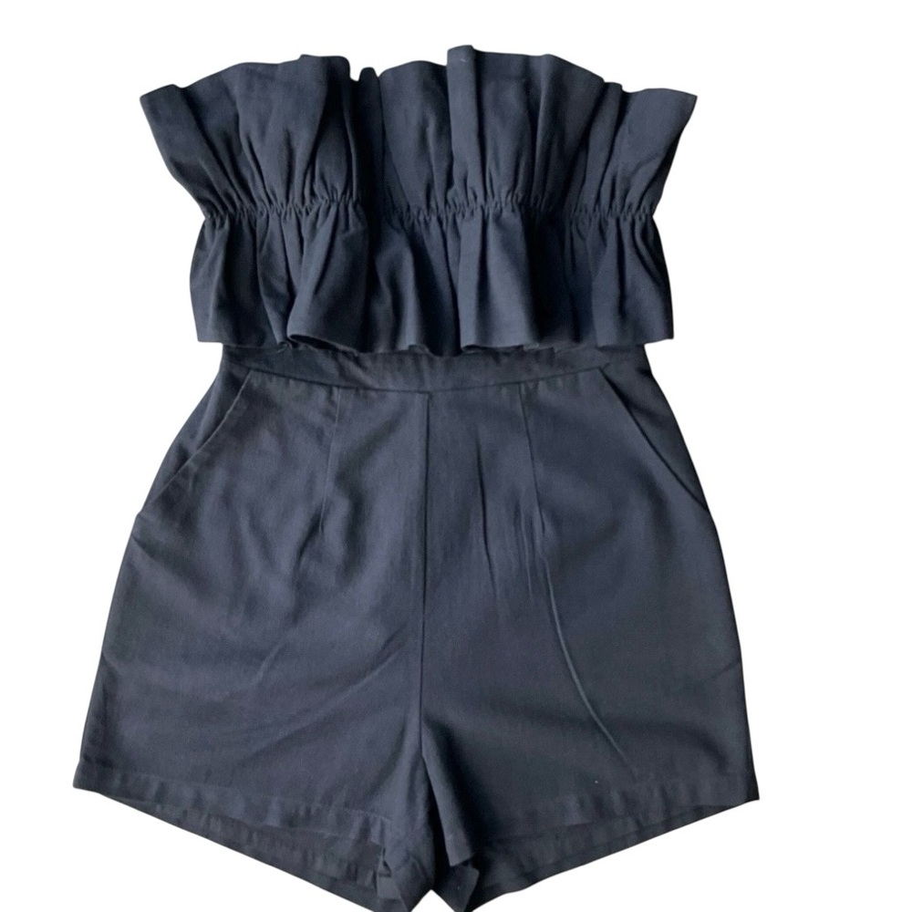 Magnolia Cotton Pleated Ruffle Strapless Romper Size S Black